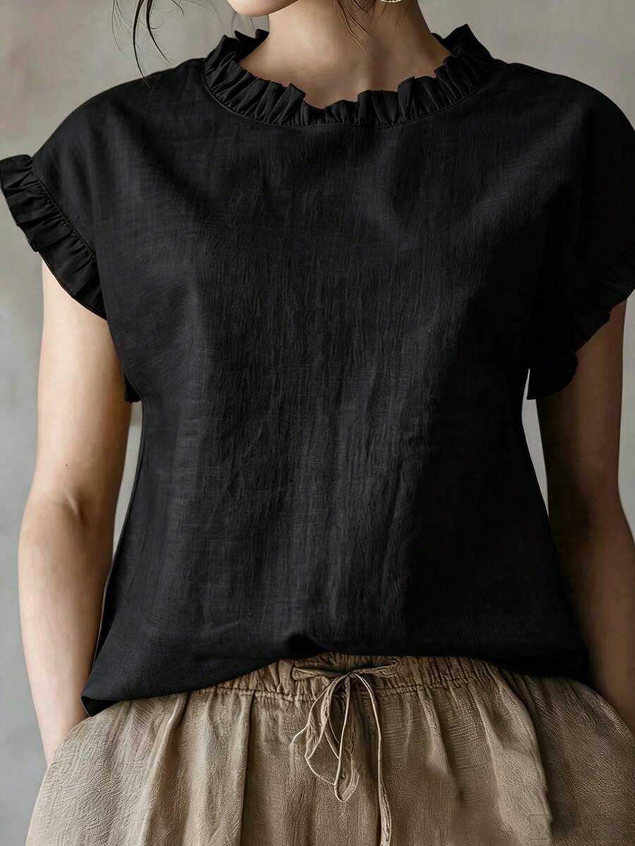 Women's New Ruffle Collar & Sleeve Design Solid Color Casual Top, Elegant And Versatile For Summer, Suitable For Work, Home And Office Black - View 1