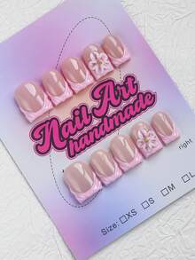 10 Stück quadratische handgefertigte Nagelspitzen, Y2K Baddie Stil, Nude & Rosa Farbe mit French Edge, Schnitzerei, Stahlperlen, Wassertropfen, Muscheln, Batik, Perlenelemente, geeignet für Party, Hochzeit, tägliches Tragen, inklusive Werkzeugset, tolles Geschenk für Frauen und Mädchen, handgefertigte Press-On-Nägel - Pink - Übersicht 2