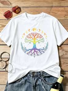 Women's Short-Sleeved, Crew-Neck T-Shirt With A Symbolic Tree Print. This Casual Summer Style Is Perfect For Everyday Wear, Allowing You To Easily Create A Relaxed Look And Express Your Individual Style. Casual T-Shirts For Women, Basic T-Shirts For Women, Polyester T-Shirts For Women, Loose-Fitting T-Shirts, Fun Minimalist T-Shirts, Letter T-Shirts For Women, Printed T-Shirts, Limited-Time Offers, New Arrivals Promotions, New Seasonal Arrivals, Limited-Time Offers, T-Shirts, Commemorative T-Shirts, Fun T-Shirts, Bohemian Style - 白色 - 查看 10