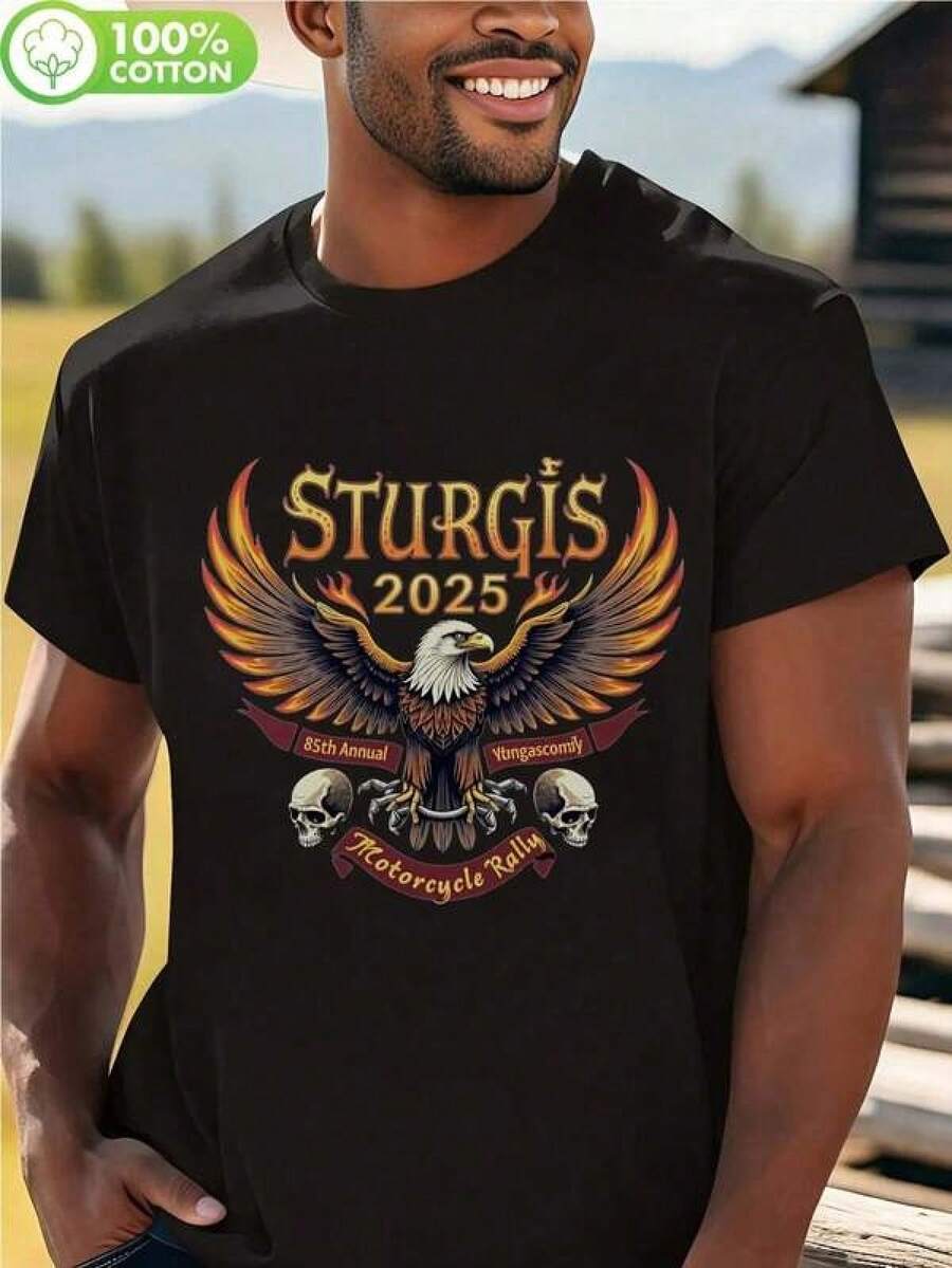 Sturgis Motorcycle Rally 2025 Eagle Skull Pattern T-Shirt - Men's Black Cotton Crew Neck Short Sleeve T-Shirt, Suitable For All Seasons, Machine Washable, Casual Fashion Cotton Fabric T-Shirt - 黑色 - 查看 1