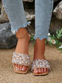Sandalias planas de lujo para mujer Primavera/Otoño 2024, tacón bajo antideslizante, talla grande, con strass, chanclas versátiles - Albaricoque - Ver 4