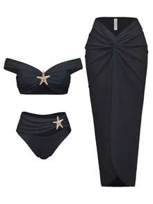 Swim Oasis Set de 3 piezas para vacaciones de verano: Bikini tipo bandeau de unicolor y sexy con detalles dorados + Vestido largo con abertura en la cintura y corte frontal a la cintura - Negro - Ver 1