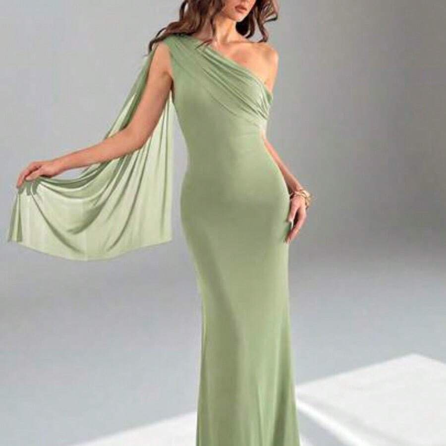 . .  Tall Vestido asimétrico de hombro sólido y elegante para mujer, vestidos elegantes para mujer, vestido de graduación, vestido de invitada de boda de otoño, vestido de invitada de boda para mujer - verde menta - Ver 1