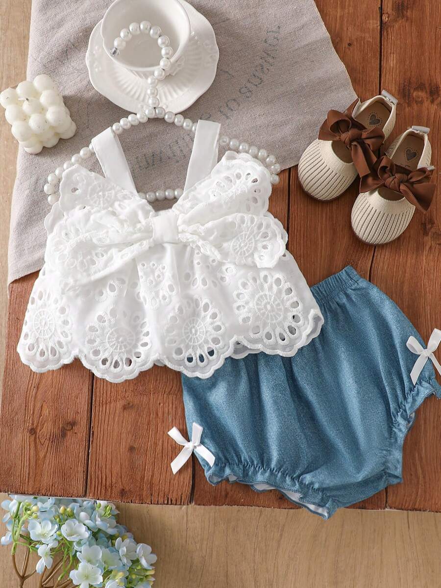 Baby Girls Hollow Lace Bow Top And Blue Shorts Set, Cute Summer Outfit - Blue and White - View 1