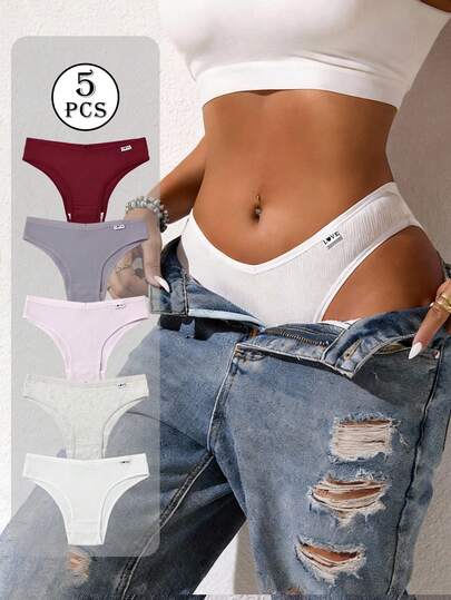 5pcs Pack Women's Ribbed Panties, High Elasticity Solid Color Letter Design Low Waist Briefs