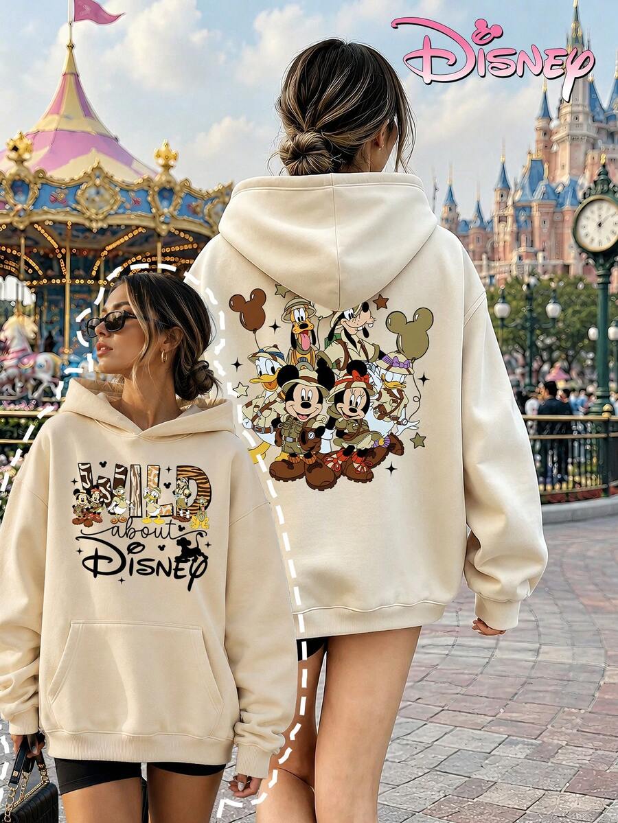 Disney Women's Loose-Fitting Hooded Sweatshirt With Mickey Mouse Family Adventure-Themed Front And Back Print Design. Comfortable And Casual For Everyday Wear, Perfect For A Day Trip To The Amusement Park Or A Day Out With Friends. - Màu be - Xem 1