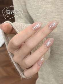 30片短杏仁形簡約優雅純色假指甲組，適用於派對、節日和日常使用，附1片果凍膠和1片指甲銼條 - 彩色 - 查看 3