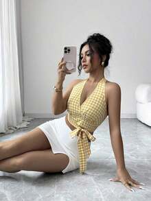 Conjunto de dos piezas de verano para mujer, con top de manga corta con cuello de tirantes a cuadros amarillos y falda larga con abertura lateral blanca, elegante y sexy para ocasiones de verano - Amarillo - Ver 4