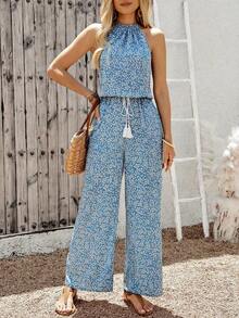 Mono ancho de pierna casual con bolsillo, cintura con borlas y unicolor, de moda para vacaciones - Multicolor - Ver 3