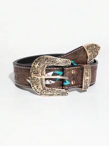 1pc Western Embossed Handpainted Y-Shaped Ox Head Element Buckle Metal Buckle Version Women's Decorative Belt, Bohemian Style - Coffee Brown - Bull's Head - View 6