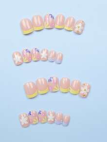 24pcs Square & Round Summer Fake Nails, 3D Floral & Water Drop Square French Manicure Cute Acrylic Nail Stickers, Nail Gel & File Included, Suitable For Women Daily, Date, Party - Multicolor - View 2