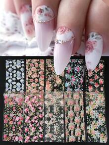 10片玫瑰蕾絲花卉印花春季美甲貼紙，彩色優雅牡丹花美甲貼花，夏季婚禮美甲裝飾DIY美甲貼花（非黏性） - 彩色 - 查看 4