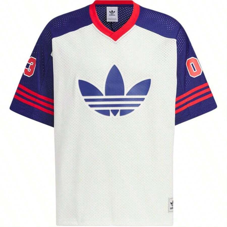 ADIDAS ORIGINALS Men Women Unisex Oversized Mesh Jersey T-Shirt, V-Neck Short Sleeve Tee With Big Trefoil Logo, Number & 3-Stripes Detail For Casual Streetwear And Sports Style - 淺藍色 - 查看 1