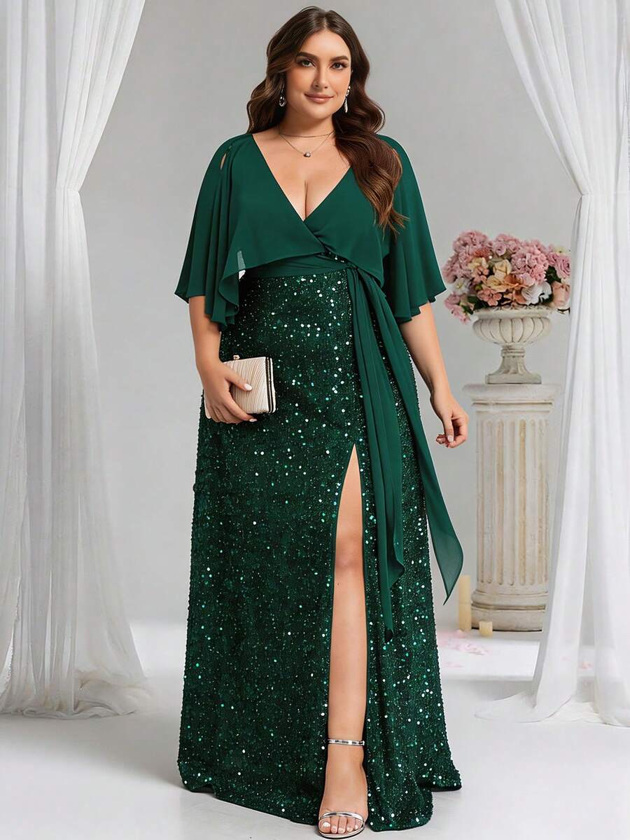 Đầm dạ hội maxi dáng rộng, thanh lịch bằng chiffon đính sequin, cổ chữ V, tay cánh bướm, thích hợp cho khách dự đám cưới, lễ tốt nghiệp, tiệc sinh nhật và các dịp lễ hội. - Màu xanh lá cây đậm - Xem 1