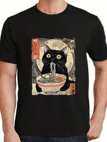 Men's Vintage Japanese T-Shirt With Cat Eating Ramen Design - Black Short-Sleeved Crew Neck T-Shirt With A Cat Eating Ramen Design, Suitable For All Seasons, A Casual T-Shirt For Anime Enthusiasts And Pet Lovers (Machine Washable) - Everyday Urban Style, Vintage Design, Comfortable And Fashionable, High-Quality Print, Modern Urban Style. - 酒紅色 - 查看 12