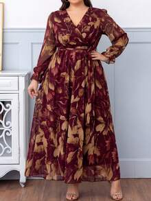 DEARCASE Plus Size Women Floral Print V-Neck Long Sleeve Dress Elegant Vacation - Burgundy - View 3