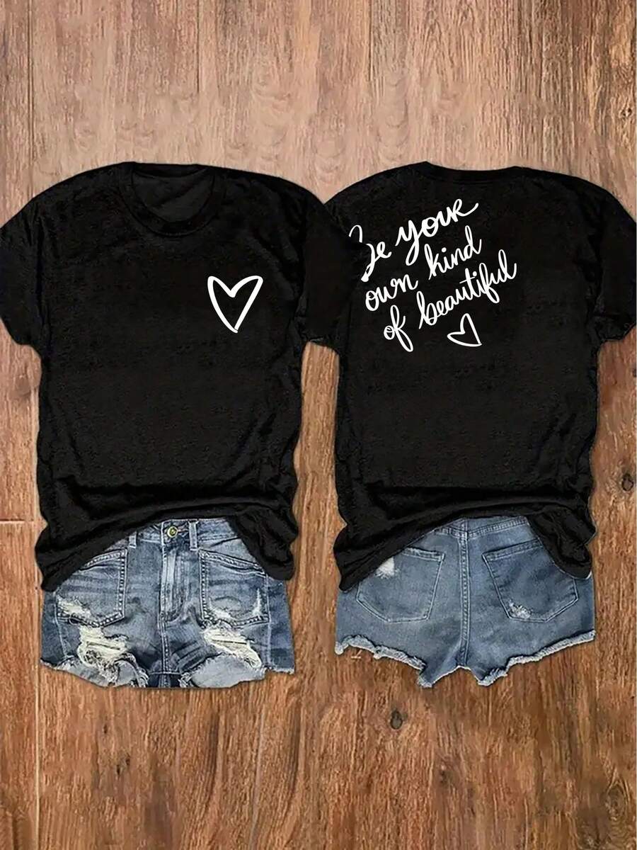 Women's Round Neck T-Shirt With "Be Your Own Kind Of Beautiful" Print On The Front And Back, Casual Short Sleeve Top For Women, Women's Clothing - 黑色 - 查看 1