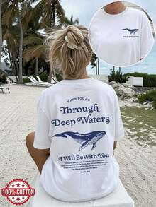 When You Go Through Deep Waters Whale Print 100% Cotton Crew Neck Casual Tee, Women's Christian Faith Short Sleeve T-Shirt Y2K Style Activewear, Crew Neck, 100% Cotton, Soft Fabric, Short Sleeve. - 白色 - 查看 7