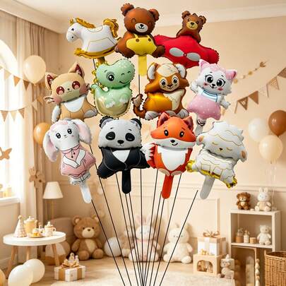 Bộ 12 quả bóng bay mini hình cáo, gấu, ngựa bập bênh, khủng long, gấu trúc hoạt hình kích thước 16 inch dùng để trang trí tiệc, kiểu dáng ngẫu nhiên (không bao gồm dây buộc)