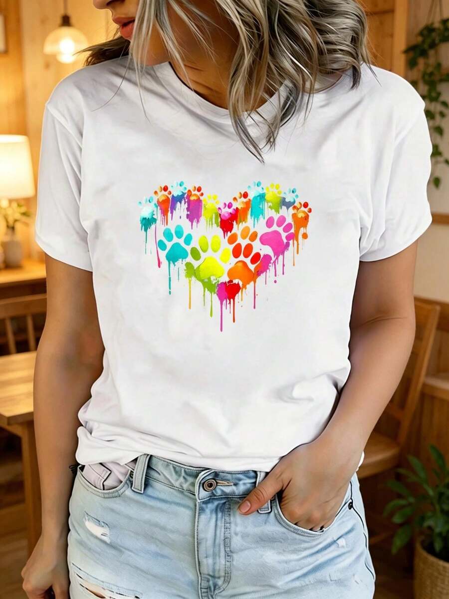 1 Piece Of Women's Summer T-Shirt, Short Sleeve And Printed, Modern And Casual, Machine Washable, Comfortable Fit, 2D Flat Print, 180g, 100% Cotton. - 黑色_02 - 查看 1