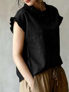 Women's New Ruffle Collar & Sleeve Design Solid Color Casual Top, Elegant And Versatile For Summer, Suitable For Work, Home And Office Black - View 5