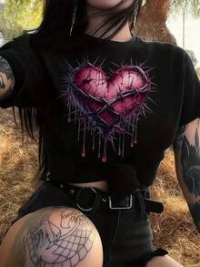 Women's Gothic Heart Graphic Tee - Black With Pink Accents - Soft For Everyday Wear And Halloween Parties - Bold Casual Tee For Year-Round Wear - Perfect Gift For Gothic Fashion Lovers, Gothic Tee, Spring And Summer Clothing, Comfortable Fit Tee, Spring Fashion, Durable Material, Short Sleeve Tee, Alternative Style - 黑色 - 查看 11