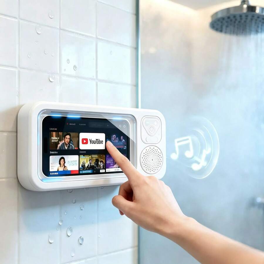 充電式防水スピーカー、浴室防水360°回転タッチスクリーン、Bluetoothスピーカー、映画鑑賞、音楽再生、スマホホルダー付きBluetoothスピーカー、オーディオシャワーTVホルダー、プール、キッチン、浴室、洗面台 - ホワイト - チェックする 1
