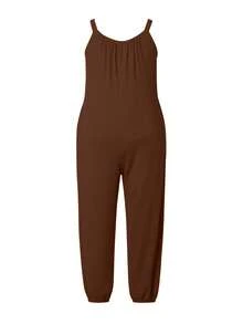Plus Size Women Black Bow Strap Sleeveless Jumpsuit - Coffee Brown - View 3