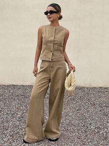 Conjunto de top de manga corta de cuello redondo marrón y pantalones vaqueros casuales para mujer, atuendo de vacaciones de verano - Caqui - Ver 8
