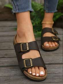 女款極簡露跟舒適度假風 Birkenstocks 風格平底穆勒涼鞋，米色，夏季鞋款 - 巧克力棕 - 查看 9