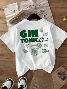 Women's Vintage T-Shirt With Green "GIN TONIC Club" Lettering, Symbolizing A Cocktail Club With A Simple Linear Design Of Ice Cubes And Lime Slices In - White - View 3