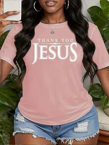 Women's Short-Sleeved T-Shirt With "THANK YOU JESUS" Print, Round Neck, Machine Washable, Comfortable, Soft, Breathable, Suitable For Spring, Summer, And Autumn. Loose, Casual, Fashionable, Ideal For Everyday Wear, Simple And Versatile, Sizes S-XXL. - 黑色 - 查看 6
