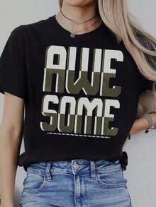 Summer 2026 Fashion For Ladies Spring & Summer New Casual Short Sleeve Round Neck T-Shirt For Women, Urban Clothing With Creative Prints, Simple Design, Top Suitable For Summer And Spring, Modern And Individualistic, Suitable For All Seasons, Graphic T-Shirt, Graphic T-Shirts For Women, Summer T-Shirt, Casual T-Shirt, Holiday Clothes For Women, Young And Modern Design For Party. - 黑色5 - 查看 11