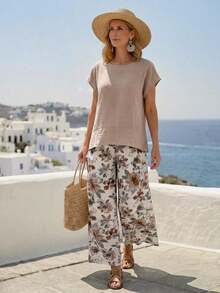 Conjunto de 2 piezas de top y pantalones de unicolor casual de vacaciones para mujer - Multicolor - Ver 7