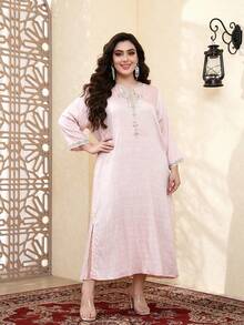 Schwer besticktes arabisches Damen-Sommerkleid in Große Größen, rosa, elegant, JALABIA mit gekerbtem V-Ausschnitt, lässiges Sommer-Urlaubsoutfit - Pink - Übersicht 5