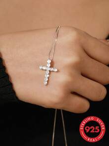 ELSEDES 1 pièce Collier pendentif en forme de croix en argent sterling S925 fait main avec des pierres précieuses scintillantes, bijou de qualité convenant pour le port quotidien des femmes - Argent - Voir 1