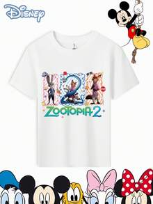 Disney T-Shirt Short Sleeves Are Made Of 100% Pure Cotton FabricDisney Channel Kids T Shirt White Zootopia 2 Movie Characters And Text Print For Casual Wear And PartiesA Gift Suitable For Girls - 白色 - 查看 2