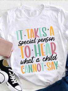 Women's Casual Long Sleeve White Sports T-Shirt With Colorful Text - Elastic Round Neck T-Shirt, Machine Washable, Comfortable And Versatile Fit For All Seasons, For A Casual And Colorful Look. - 白色 - 查看 7