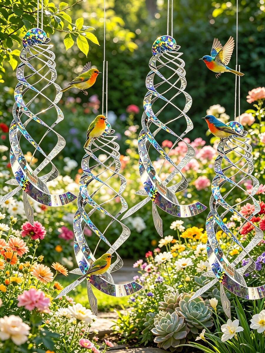 8pcs/Set Holographic Reflective Bird Repellent Spiral Deterrent, 360° Rotating Bird Scare Device, Suitable For Garden, Patio, Farm, Orchard Outdoor Decoration, Prevent Birds From Approaching - A - View 1