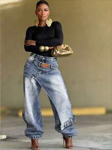 Women Fashion High Waist Jeans Heavy Industry Spliced Handmade Rhinestone Inlaid Design Straight Wide Leg Denim Pants - 2 - 查看 1