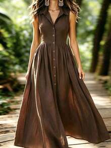 Vestido de graduación Vestido de mujer de unicolor con diseño elegante y detalles de botones delanteros, adecuado para la playa, citas, salidas y el transporte diario - Marron oscuro - Ver 4