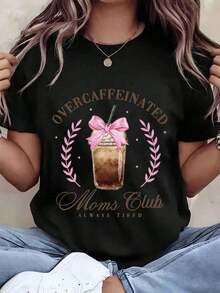 Women's T-Shirt With 'Overcaffeinated Moms Club Always Tired' Print, Coffee Jar Design With Pink Bow, Round Neck, Regular Fit, Casual Women's Clothing, Gift Idea, 220g, Loose Fit Blouse - 黑色 - 查看 6
