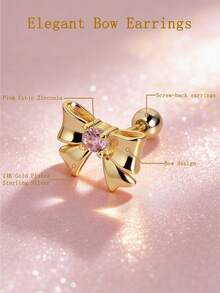 1 Pair 925 Sterling Silver Hypoallergenic Bow Stud Earrings, Cute And Playful, Inlaid With Pink Zirconia, Spiral Ear Backs To Prevent Falling, Exquisite And Adorable, Gift Boxed, Suitable For Daily Or Holiday Wear, Gift For Girls, Gift For Girl, Gift For Friends, Back To School Gift, Holiday Gift - one-size - View 4