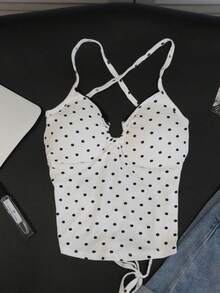 Sexy Backless Criss-Cross Strap Heart Shaped Polka Dot Spaghetti Strap Crop Top With Chest Pad, Outings, Commuting, Valentine's Day, Vacation Casual - White Background With Black Dots - View 5