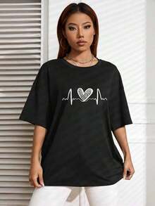 The Hottest Item Of The Summer: Pure Cotton T-Shirt, Round Neck T-Shirt With Heart Print, Graphic Tees With Cheetah Print For Women, Stylish Pure Cotton T-Shirt. Stylish, Popular, Party T-Shirt. - 黑色 - 查看 3