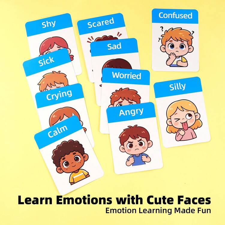 16pcs/Set Face Expression Flash Cards, Laminated Waterproof Emotion Cards, Emotional Management, English Vocabulary Learning Flash Cards, Suitable For Home, School, Training Emotional Expression Poster Decoration - Facial Expression Cards - View 8