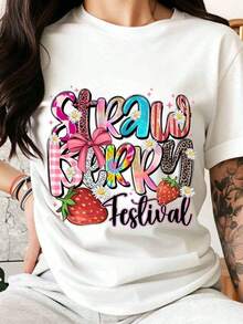 Strawberry Festival T-Shirt, Cute Summer Graphic Tee For Women, Fun Berry Party Tee With Floral And Strawberry Design. New Summer Arrivals: 100% Cotton Crew Neck T-Shirts. - 白色 - 查看 1