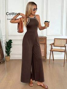 Mono de pierna ancha con cuello redondo, tirantes, bolsillo en diagonal, de corte holgado, elegante y vintage, para uso casual o de viaje, en primavera/verano para mujeres, con detalles de contraste - Marrón - Ver 1