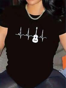 Guitar Heartbeat Pattern T-Shirt | Durable And Comfortable, Suitable For Home, Office Or Outdoor Use, Soft Fabric, Fashionable Everyday Wear, Lightweight And Breathable Top, Round Neck, Medium Stretch Fabric, Print. - 黑色 - 查看 1