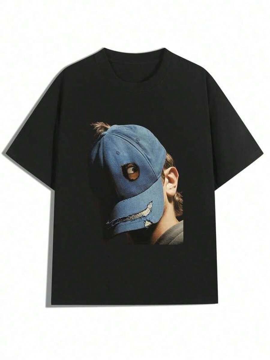 Men's Y2K-Inspired Cotton T-Shirt With Cool Denim Cap And Portrait Print - Casual, Comfortable Short-Sleeve Crew Neck Tee, Machine Washable, Perfect Streetwear Fashion - 黑色 - 查看 1